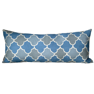 Decorative pillow with blue and gray pattern on a white background
