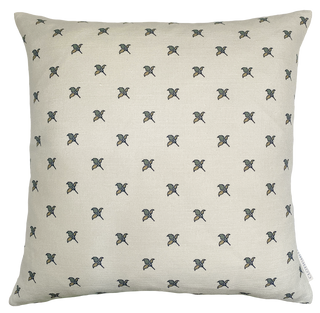 aA square cushion with a natural cream background featuring a small scale repeat of green and gold flower motifs.